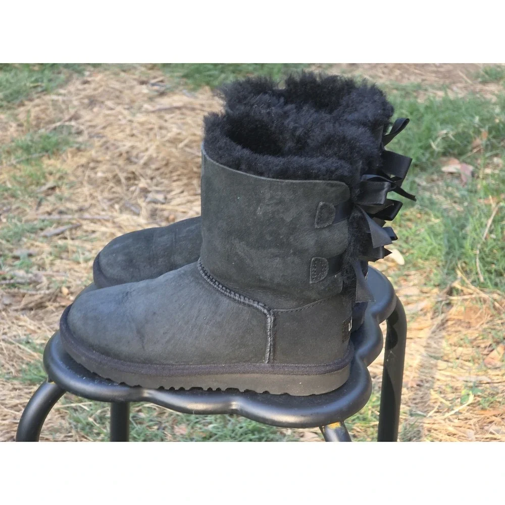UGG Bailey Bow II Black Suede Sheepskin Boots Double Ribbon Back 1016225